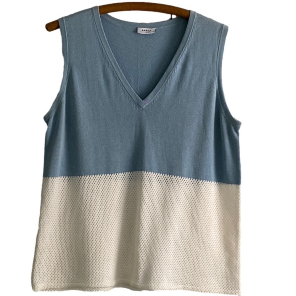 Akris Punto Vest Pullover V-neck Mesh Panel Color Block Blue White Women’s Sz 12